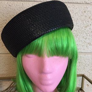 Unique Vintage 1950s Black Straw Pillbox Hat